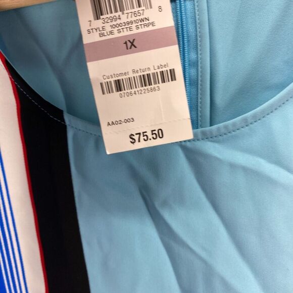 New Alfani Blouse Women 1X Plus Blue Striped Zipper 3/4 Sleeve Round Neck Casual - Picture 6 of 10